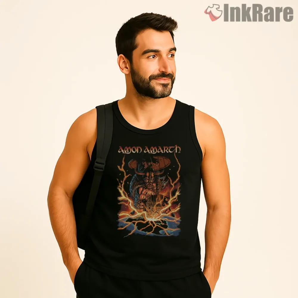 Amon Amarth Flaming Viking Metal Warrior Shirt on black tank top for men graphic tee