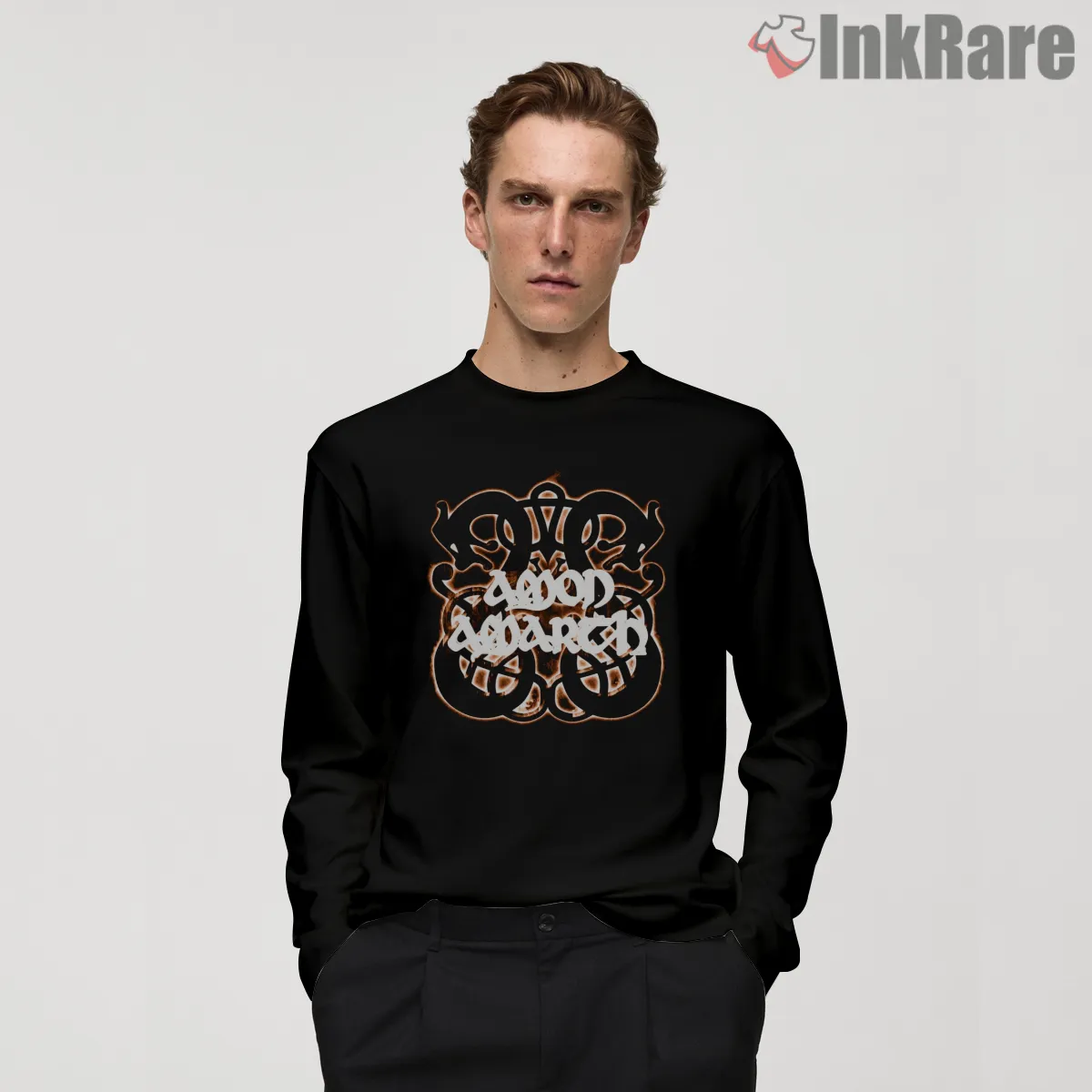 Amon Amarth Glowing Knotwork Typography Shirt on black long sleeve shirt for men graphic tee