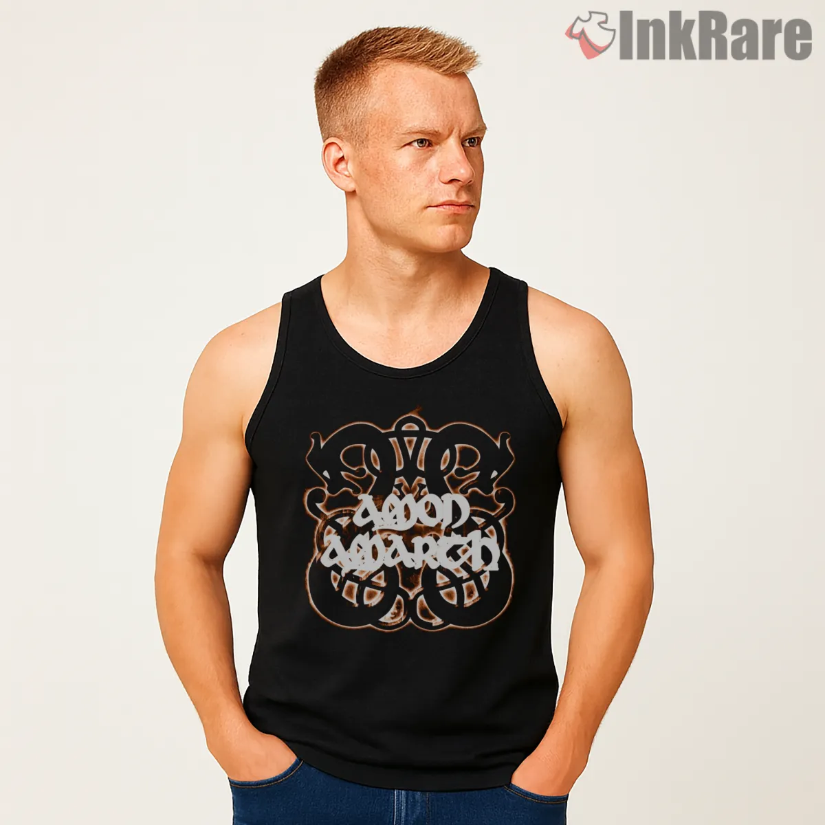 Amon Amarth Glowing Knotwork Typography Tank Top Black Amon Amarth Glowing Knotwork Typography Shirt on black tank top for men graphic tee