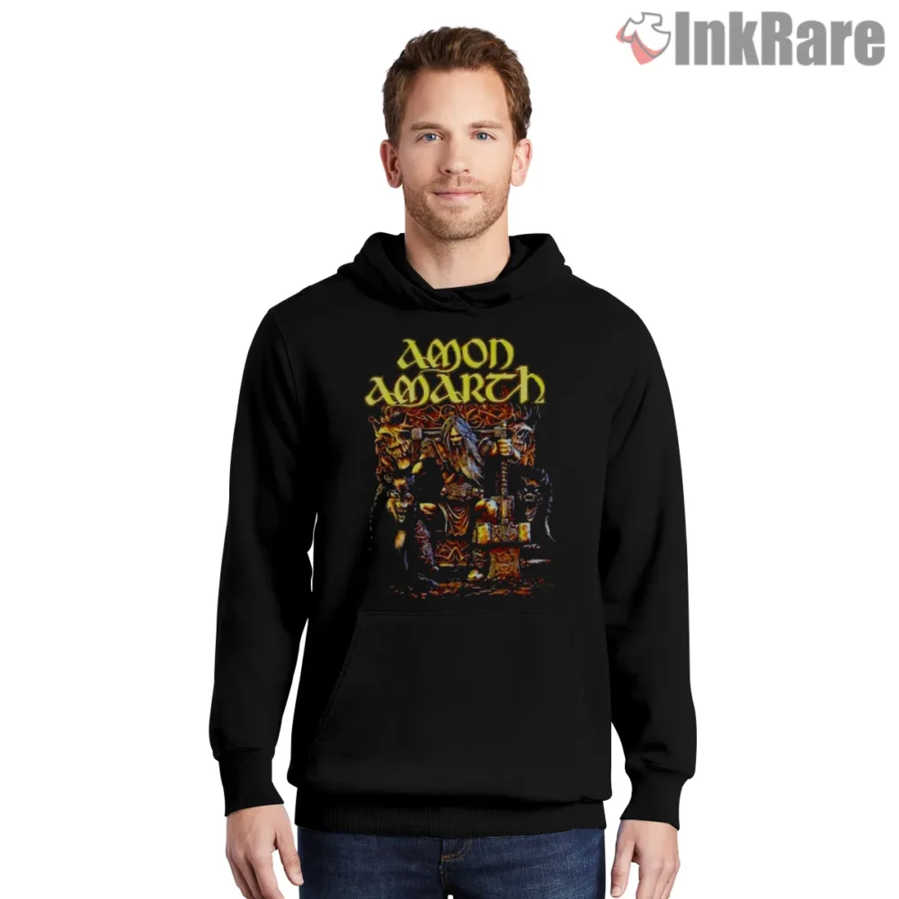 Amon Amarth Golden Throne Warrior Shirt on black hoodie for men graphic tee