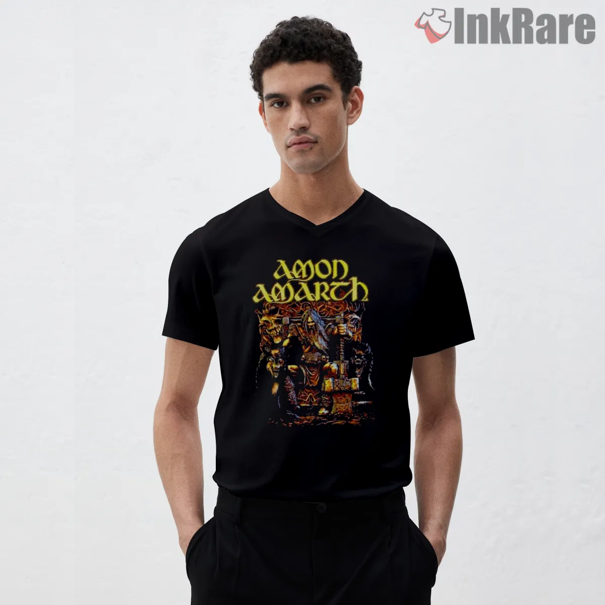 Amon Amarth Golden Throne Warrior V Neck Black Amon Amarth Golden Throne Warrior Shirt on black v-neck shirt for men graphic tee