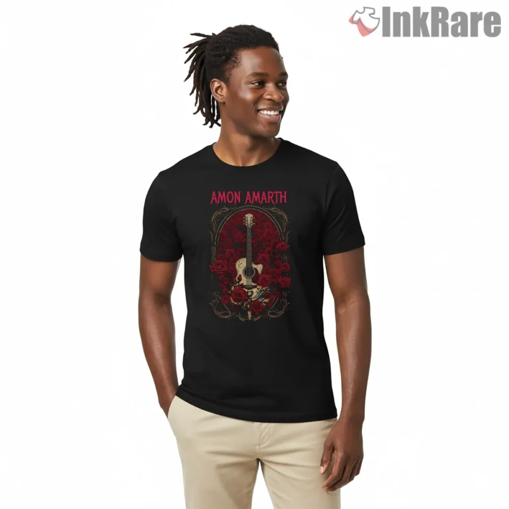 Amon Amarth Gothic Rose Framed Guitar Shirt on black short sleeve shirt for men graphic tee