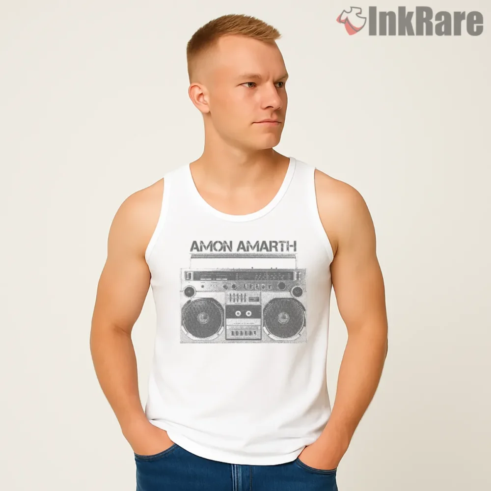 Amon Amarth Hip Hop Boombox Tape Shirt on white tank top for men graphic tee