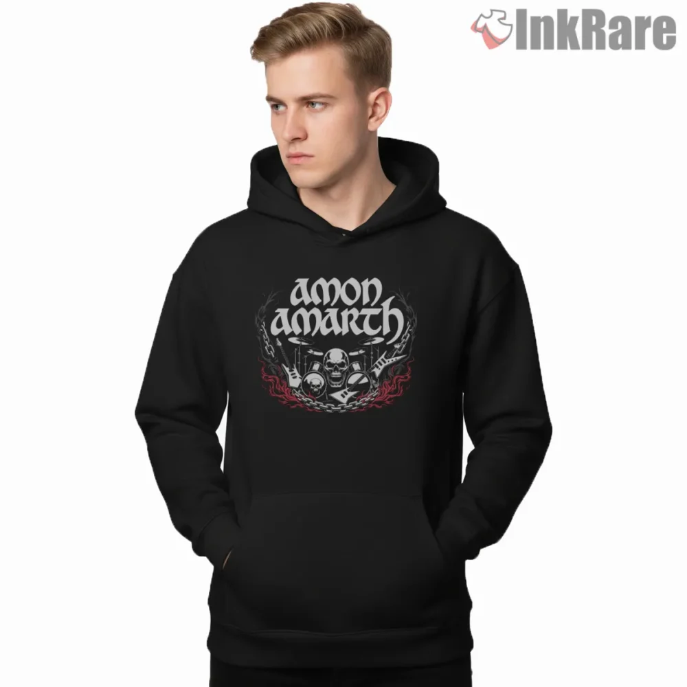 Amon Amarth Logo Flames And Skulls Shirt on black hoodie for men graphic tee