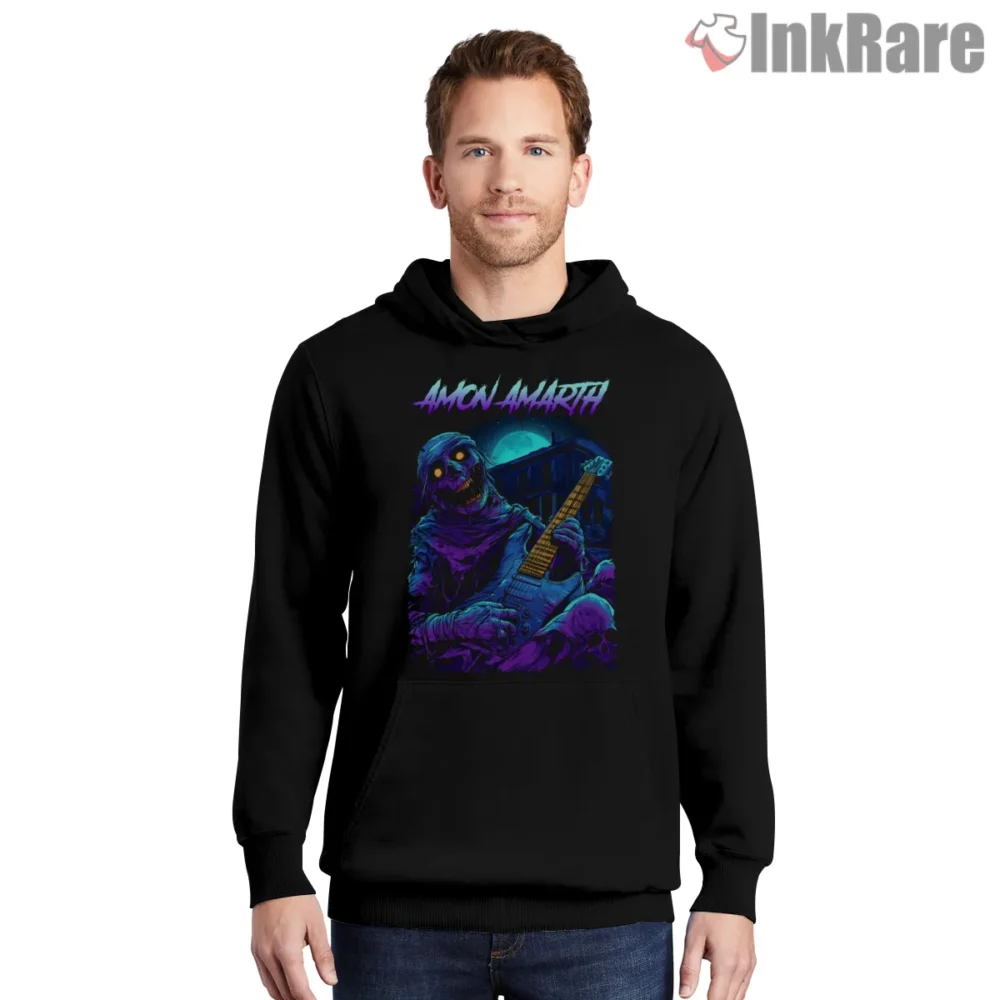 Amon Amarth Neon Mummy Guitar Shred Shirt on black hoodie for men graphic tee