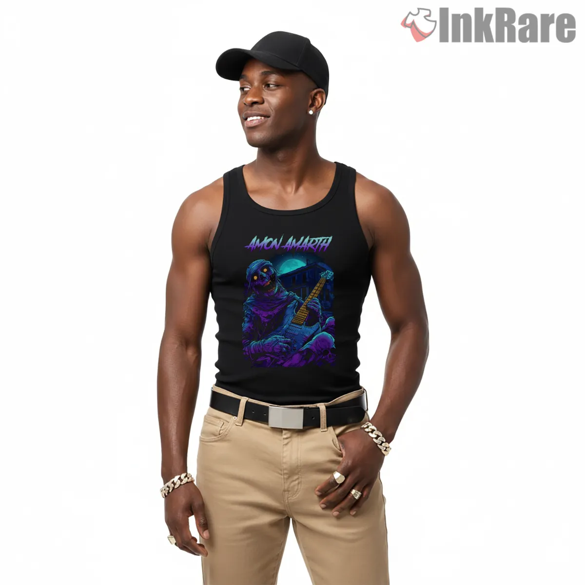 Amon Amarth Neon Mummy Guitar Shred Shirt on black tank top for men graphic tee
