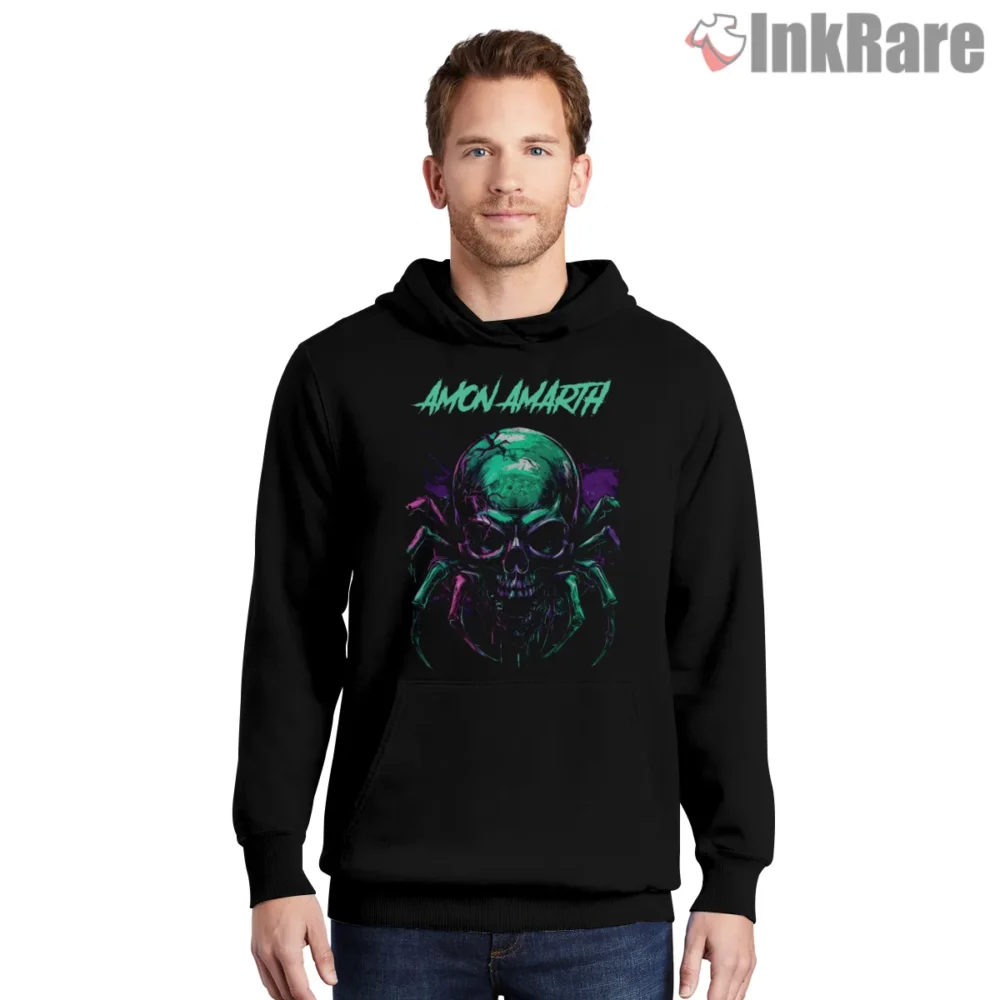 Amon Amarth Neon Skull Spider Web Shirt on black hoodie for men graphic tee