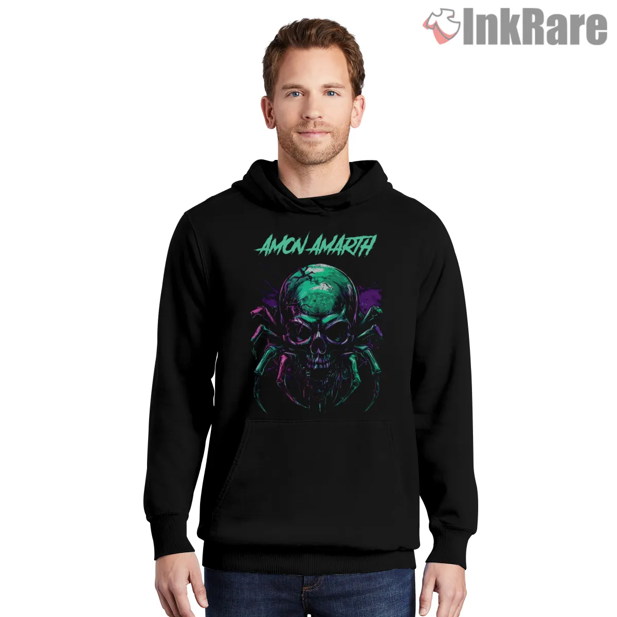 Amon Amarth Neon Skull Spider Web Hoodie Black Amon Amarth Neon Skull Spider Web Shirt on black hoodie for men graphic tee