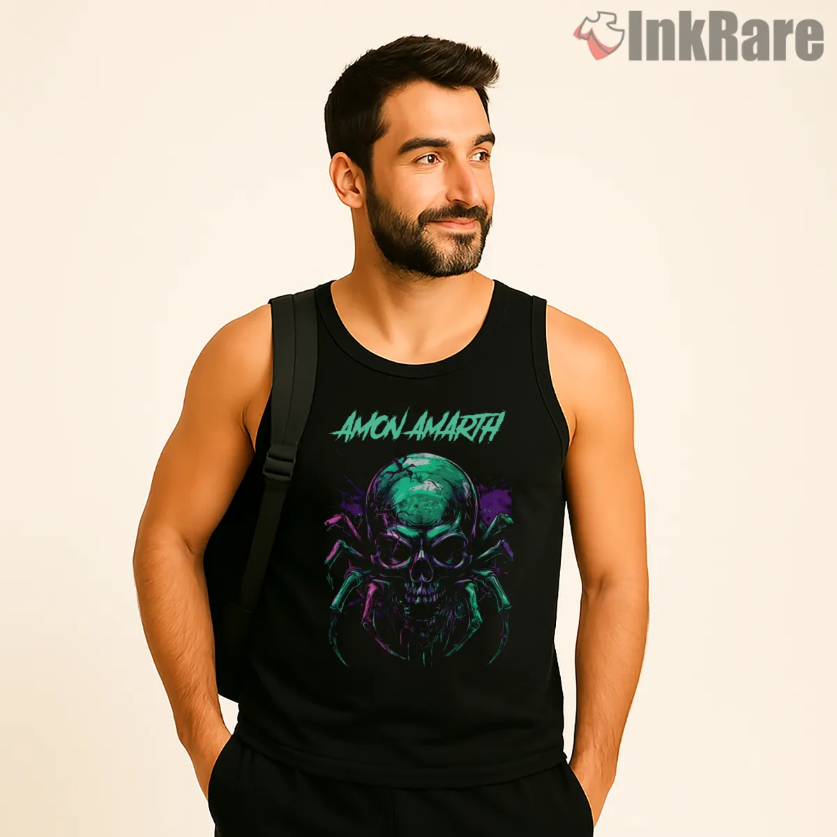 Amon Amarth Neon Skull Spider Web Shirt on black tank top for men graphic tee
