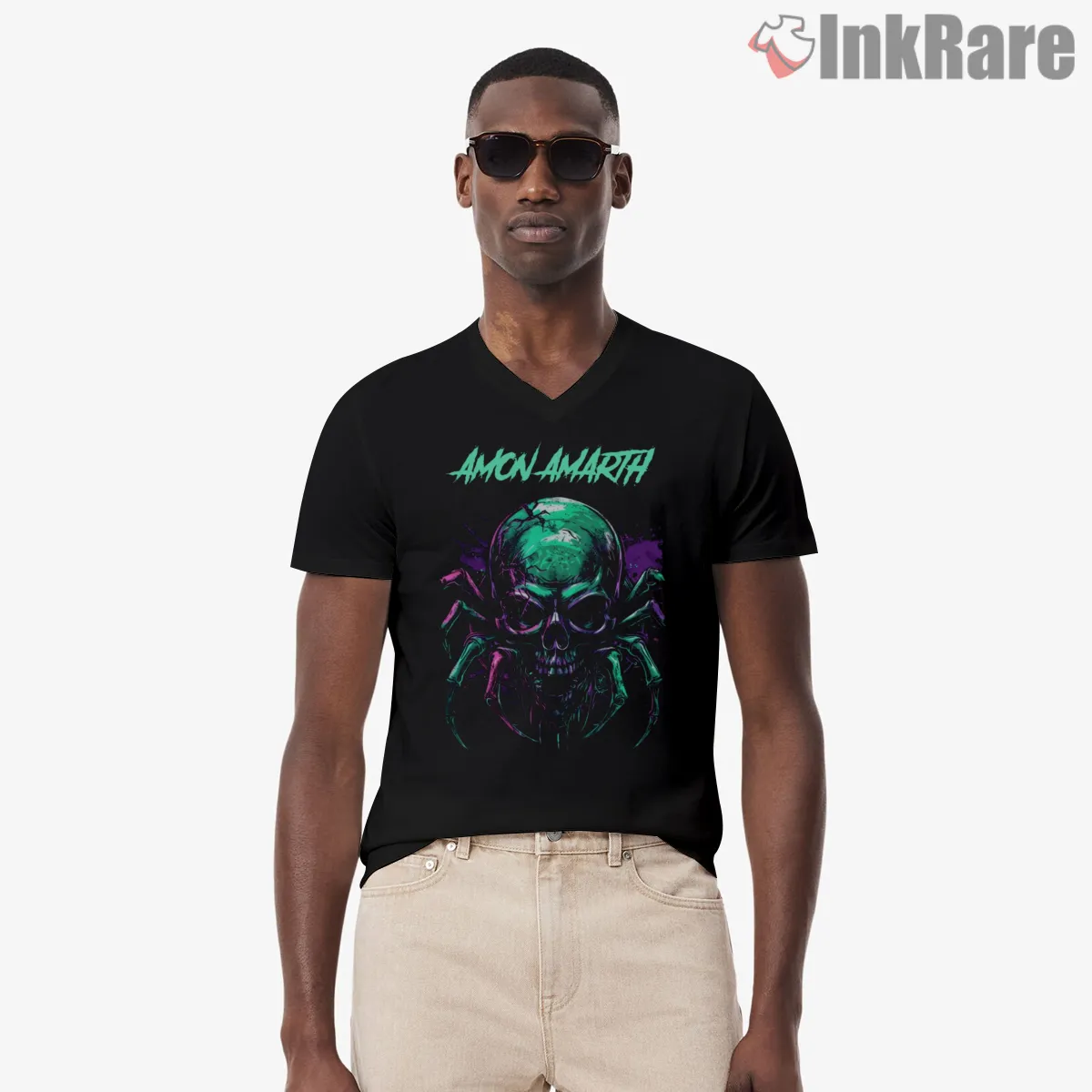 Amon Amarth Neon Skull Spider Web V Neck Black Amon Amarth Neon Skull Spider Web Shirt on black v-neck shirt for men graphic tee