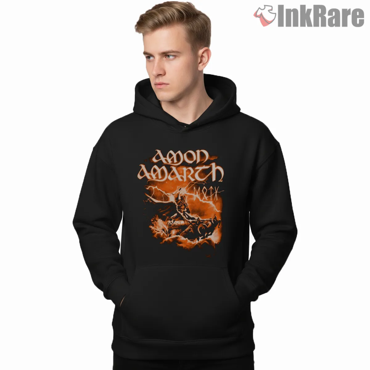Amon Amarth Orange Storm Rider Silhouette Shirt on black hoodie for men graphic tee