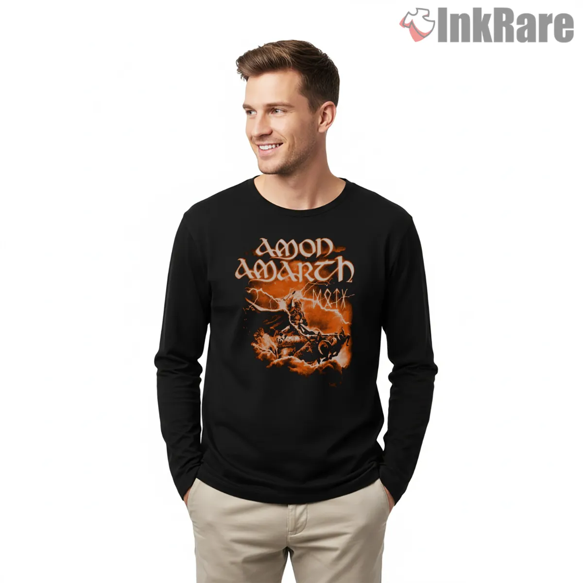 Amon Amarth Orange Storm Rider Silhouette Long Sleeve Black Amon Amarth Orange Storm Rider Silhouette Shirt on black long sleeve shirt for men graphic tee