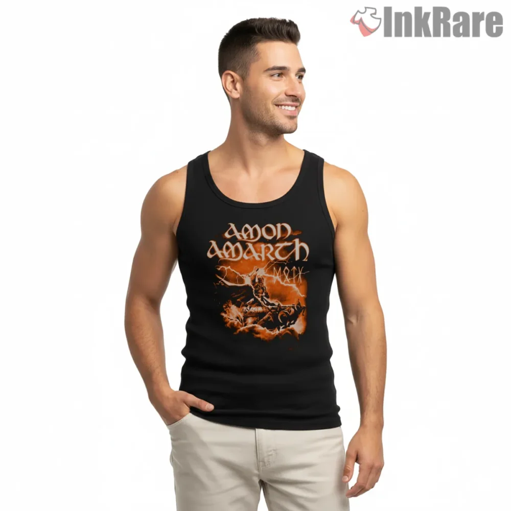 Amon Amarth Orange Storm Rider Silhouette Shirt on black tank top for men graphic tee