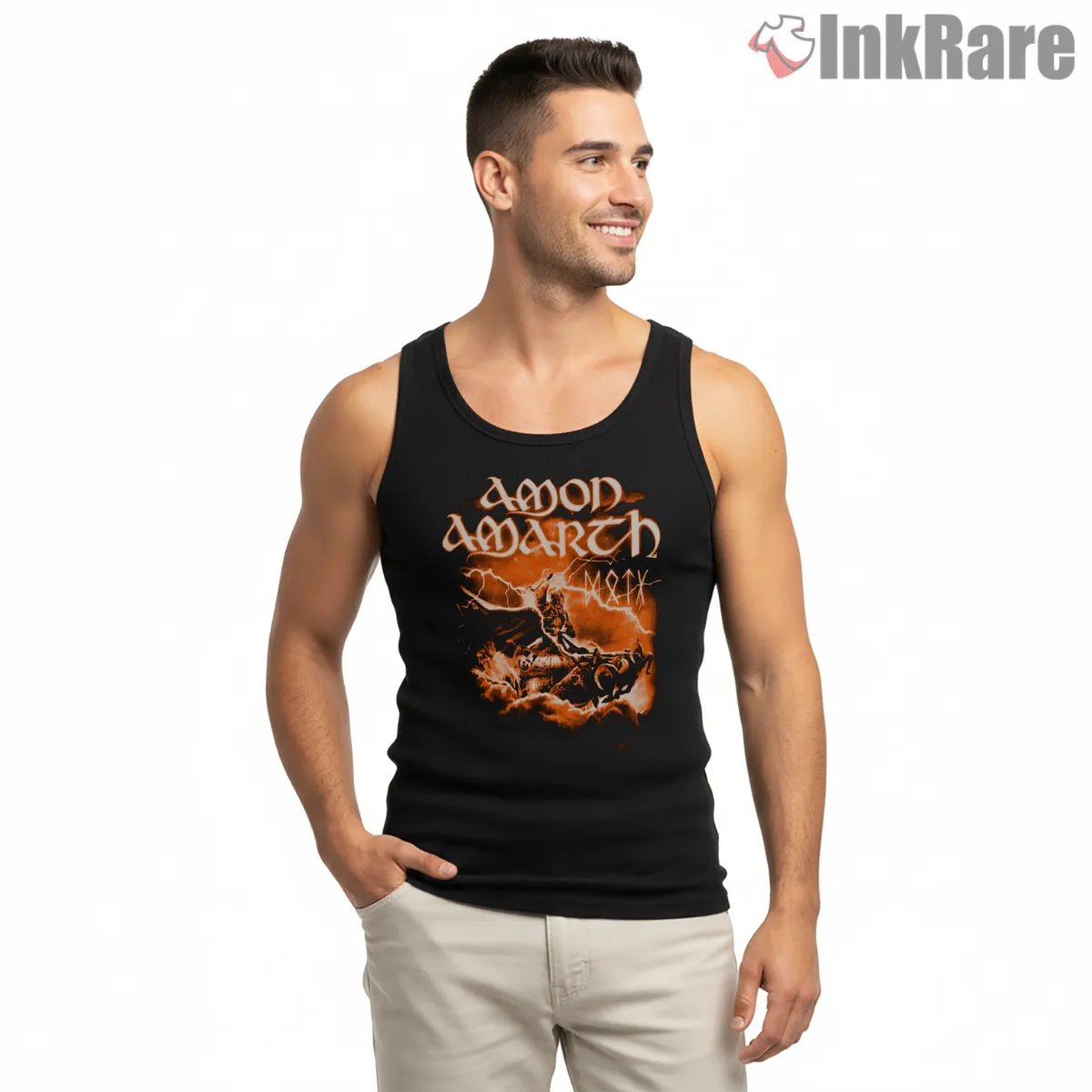 Amon Amarth Orange Storm Rider Silhouette Tank Top Black Amon Amarth Orange Storm Rider Silhouette Shirt on black tank top for men graphic tee
