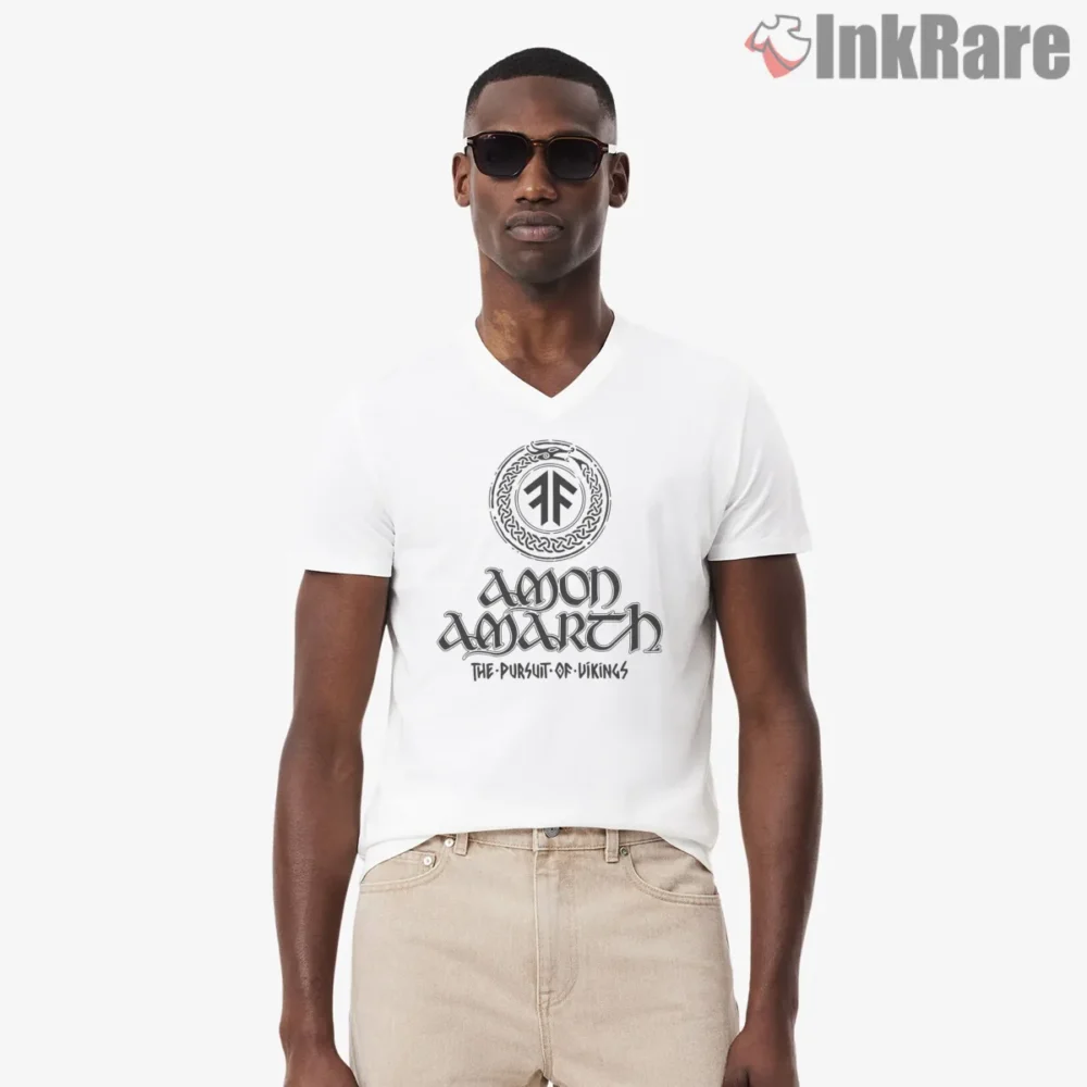 Amon Amarth Pursuit Of Vikings Logo Shirt on white v-neck shirt for men graphic tee
