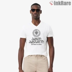 Amon Amarth Pursuit Of Vikings Logo Shirt on white v-neck shirt for men graphic tee