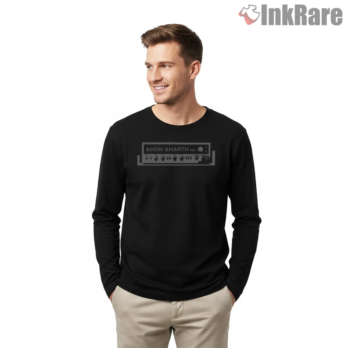 Amon Amarth Radio Dial Minimalist Shirt on black long sleeve shirt for men graphic tee