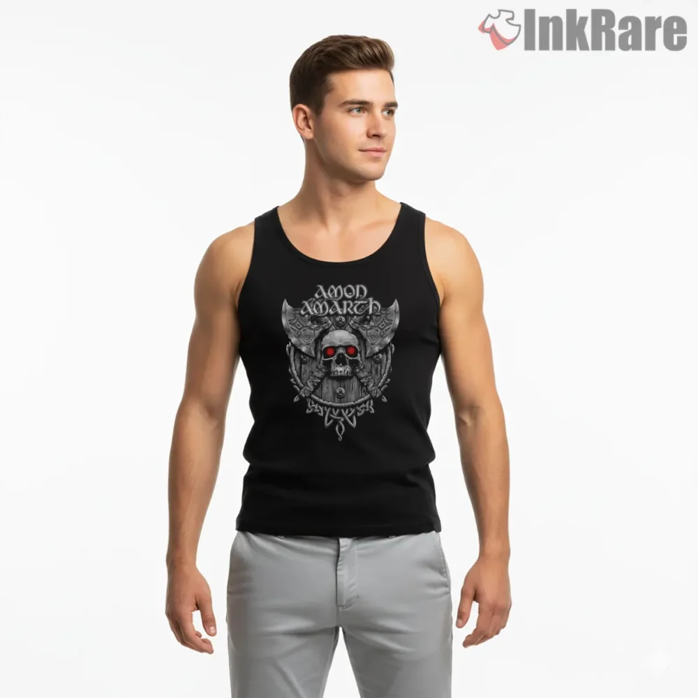 Amon Amarth Red Eyes In The Dark Shirt on black tank top for men graphic tee