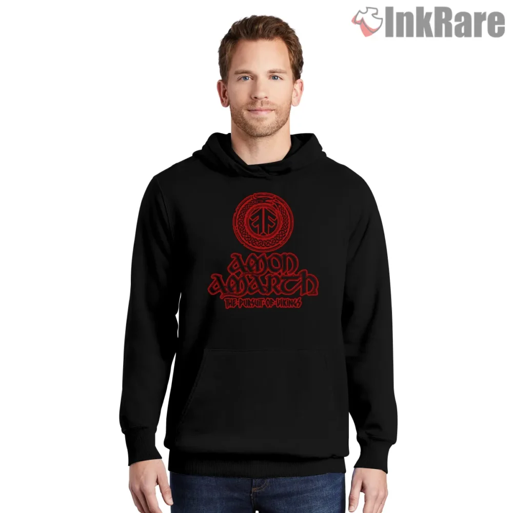 Amon Amarth Red Rune Pursuit Of Vikings Shirt on black hoodie for men graphic tee