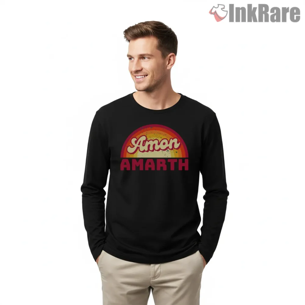 Amon Amarth Retro Rainbow Logo Shirt on black long sleeve shirt for men graphic tee