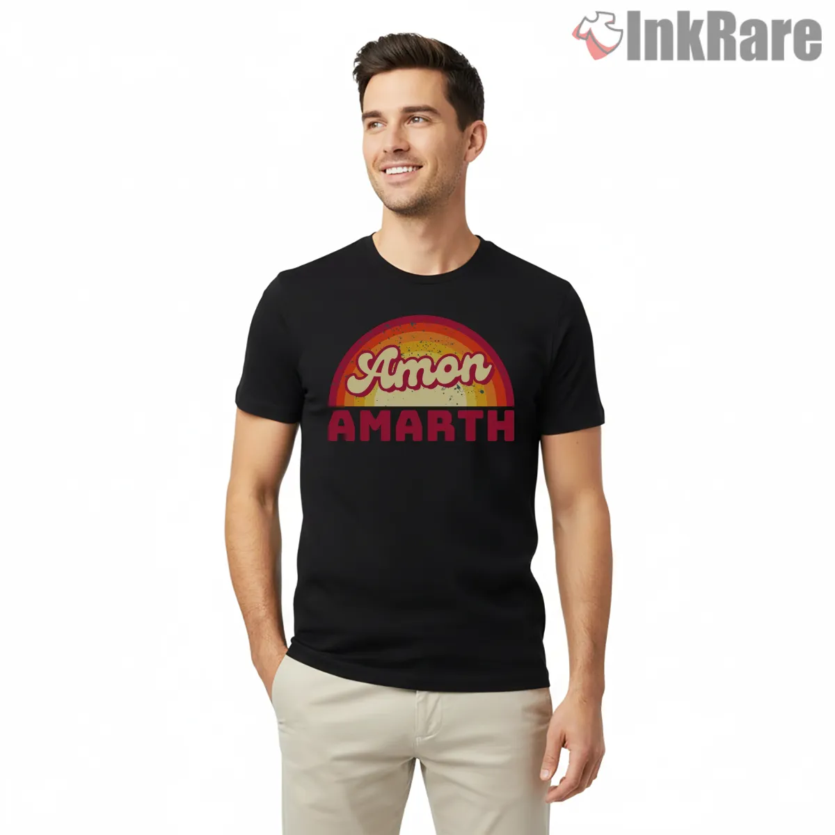 Amon Amarth Retro Rainbow Logo Short Sleeve Black Amon Amarth Retro Rainbow Logo Shirt on black short sleeve shirt for men graphic tee