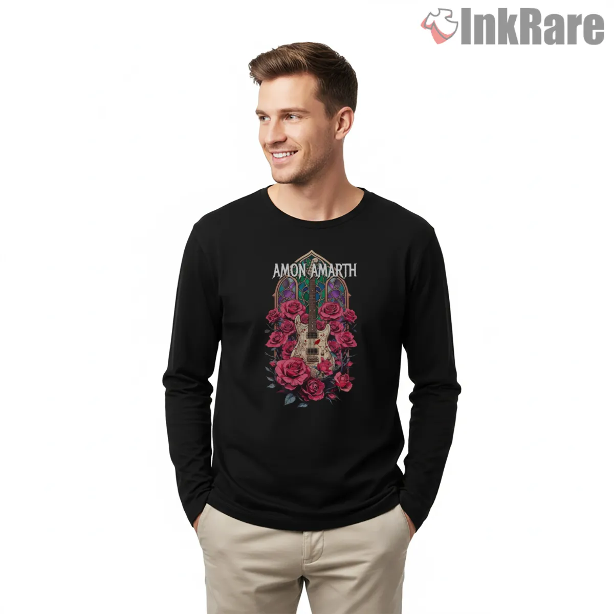Amon Amarth Rose Chapel Guitar Art Long Sleeve Black Amon Amarth Rose Chapel Guitar Art Shirt on black long sleeve shirt for men graphic tee
