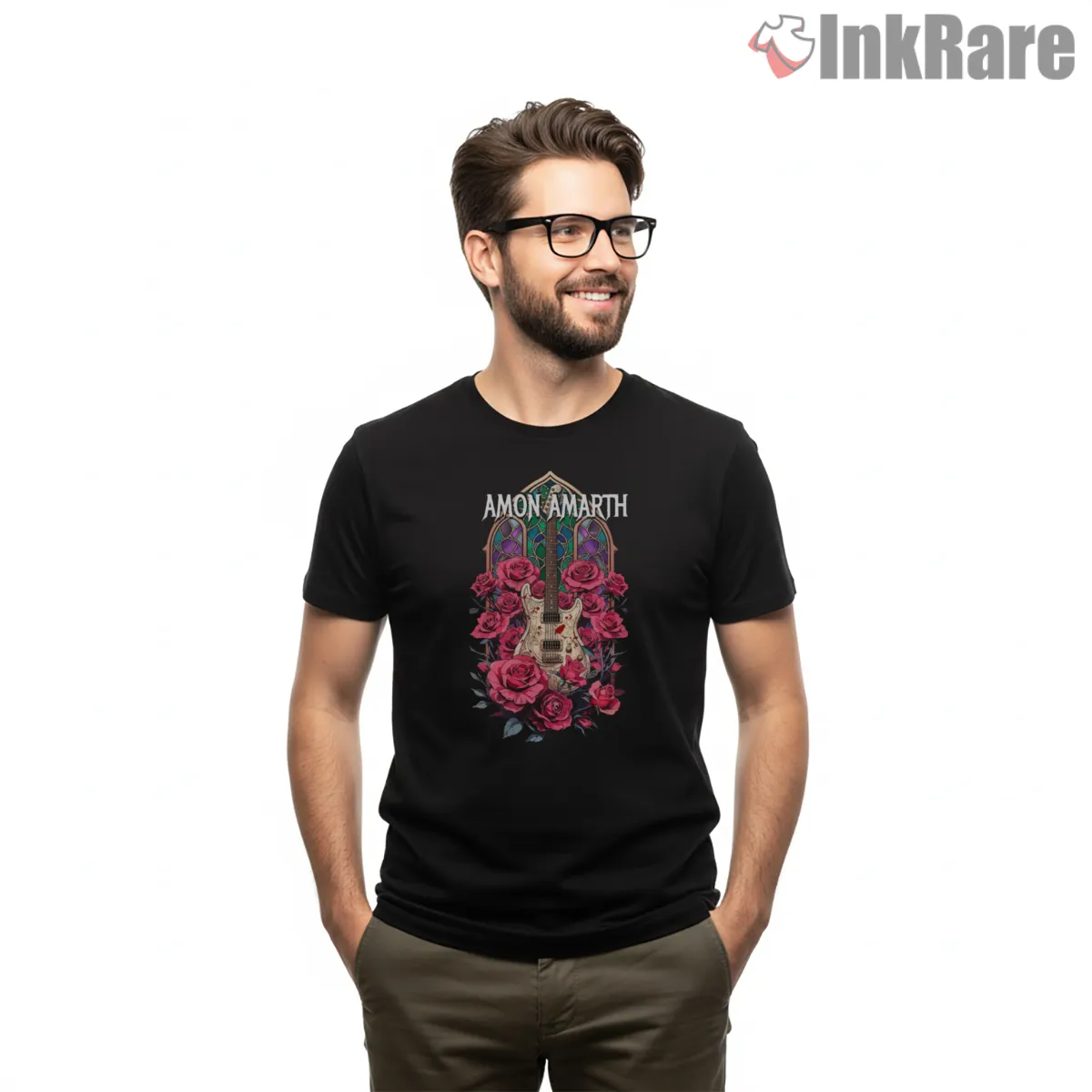 Amon Amarth Rose Chapel Guitar Art Shirt on black short sleeve shirt for men graphic tee