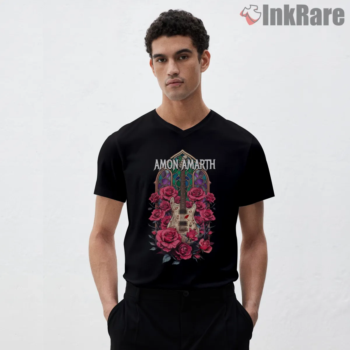 Amon Amarth Rose Chapel Guitar Art V Neck Black Amon Amarth Rose Chapel Guitar Art Shirt on black v-neck shirt for men graphic tee