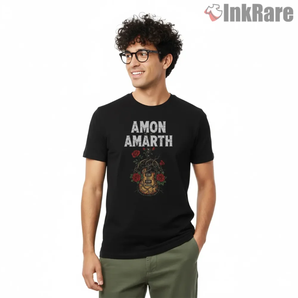 Amon Amarth Roses And Relic Guitar Shirt on black short sleeve shirt for men graphic tee