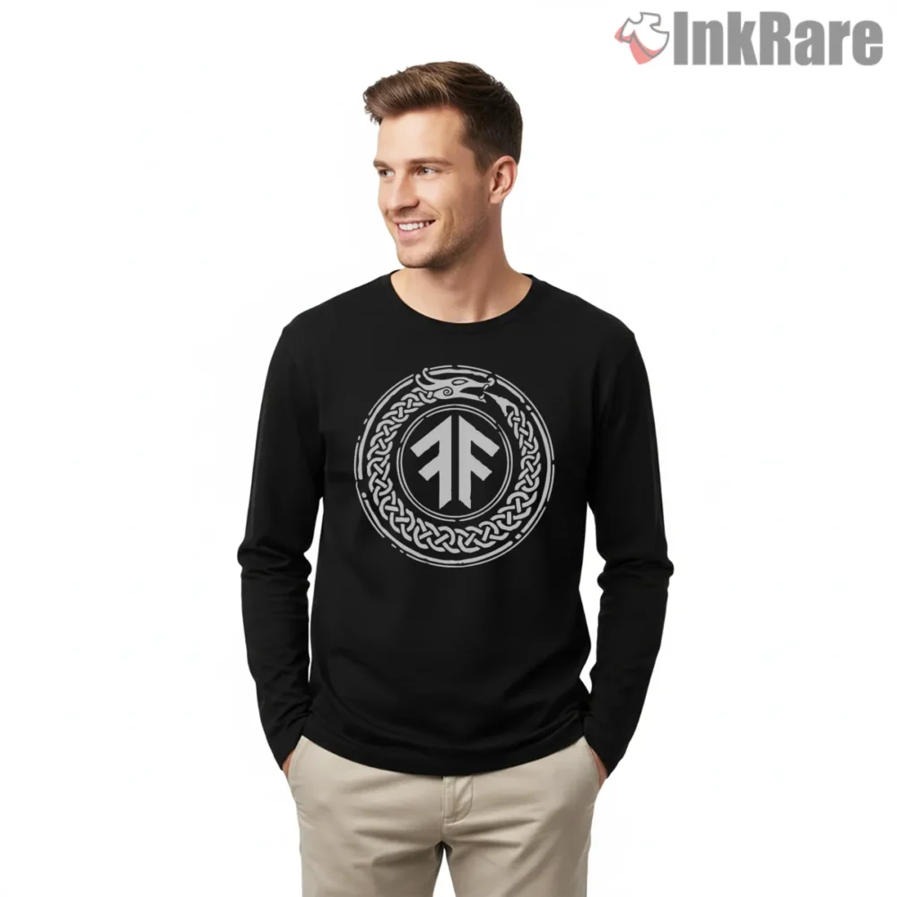Amon Amarth Rune Circle White Sigil Shirt on black long sleeve shirt for men graphic tee