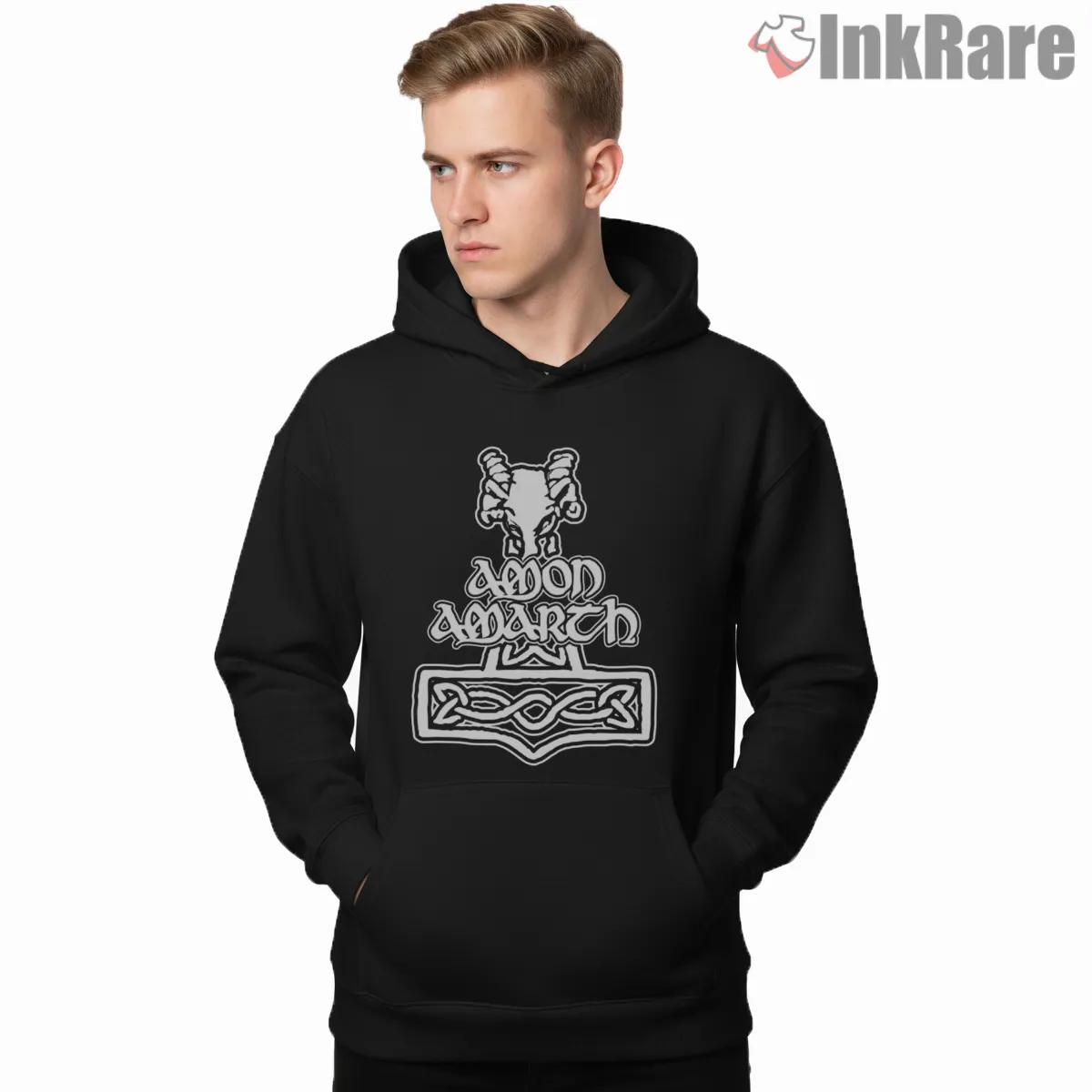 Amon Amarth Rune Hammer Band Sigil Shirt on black hoodie for men graphic tee