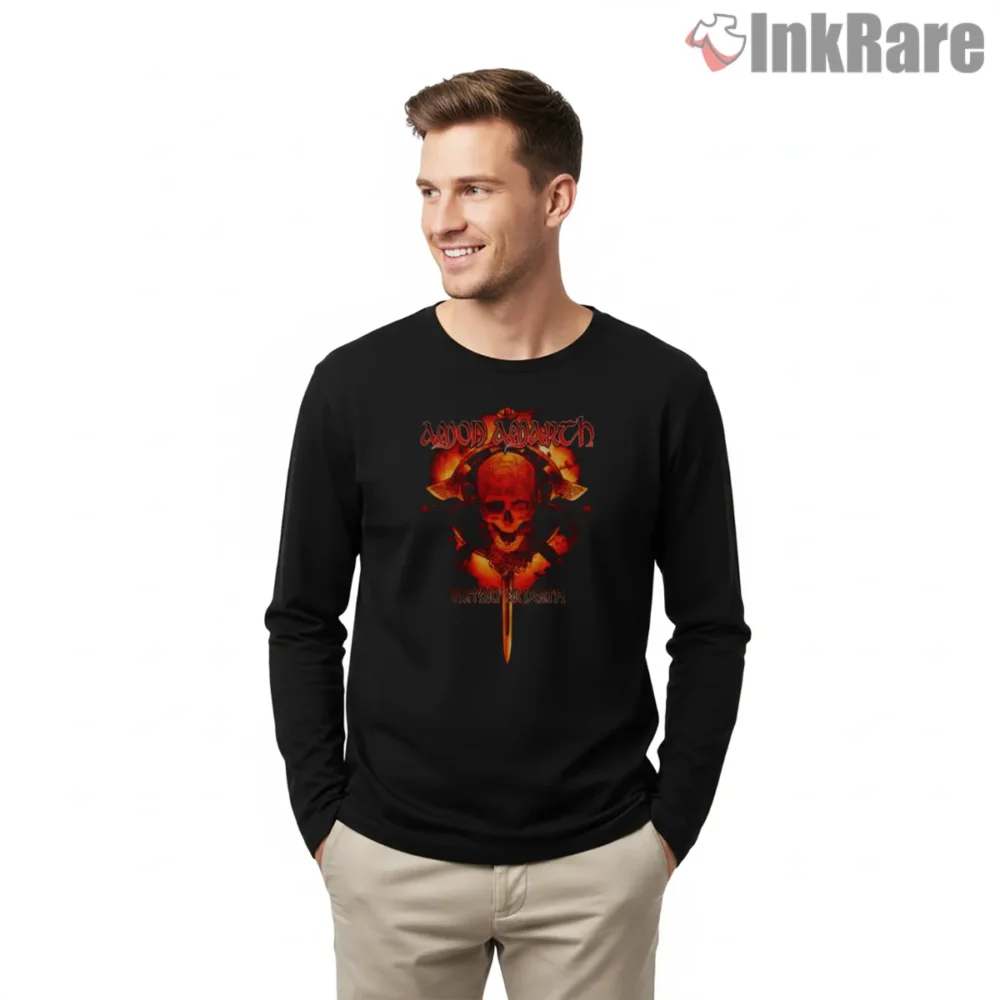 Amon Amarth Skull In Flames Red Sigil Shirt on black long sleeve shirt for men graphic tee