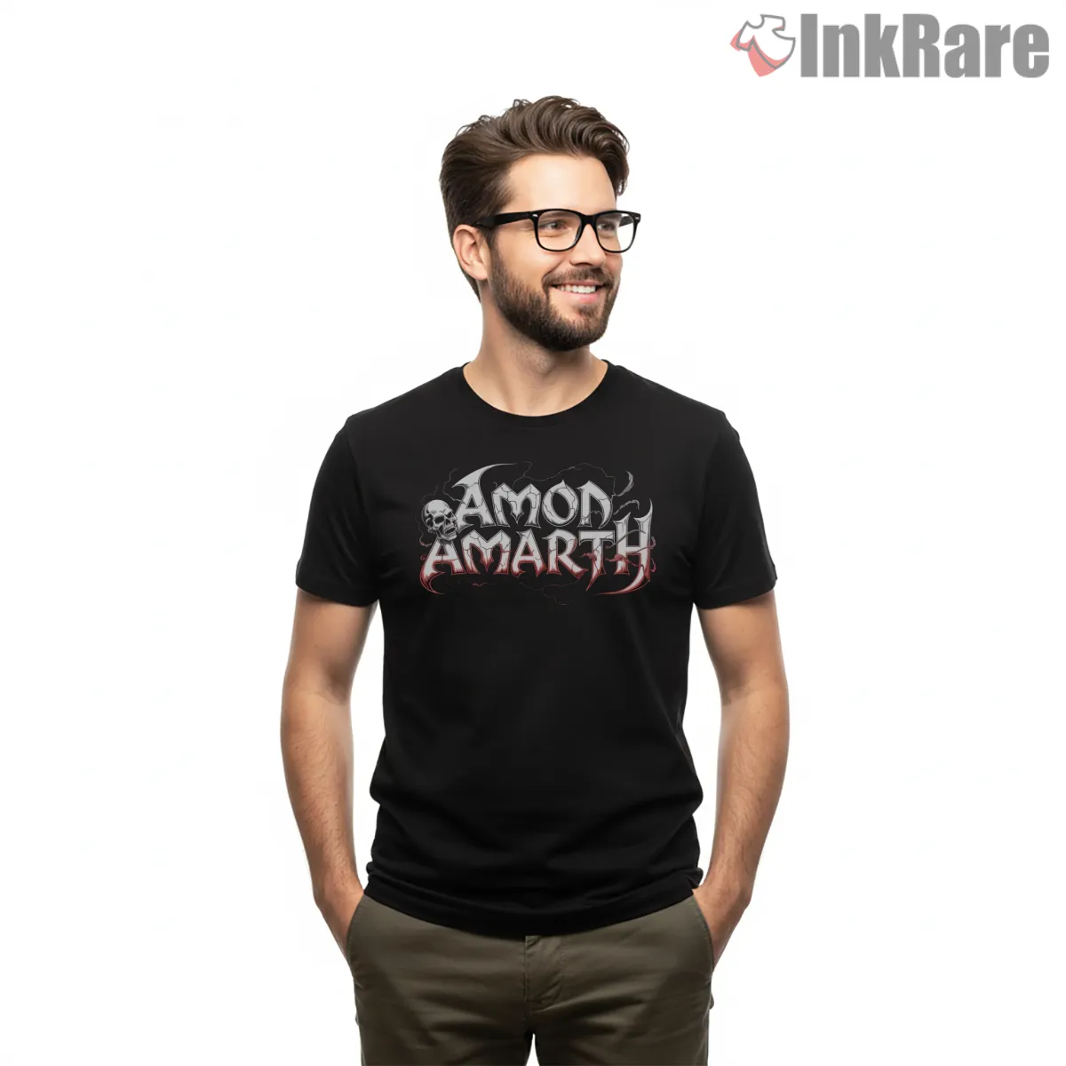 Amon Amarth Skull Lightning Red White Logo Shirt on black short sleeve shirt for men graphic tee