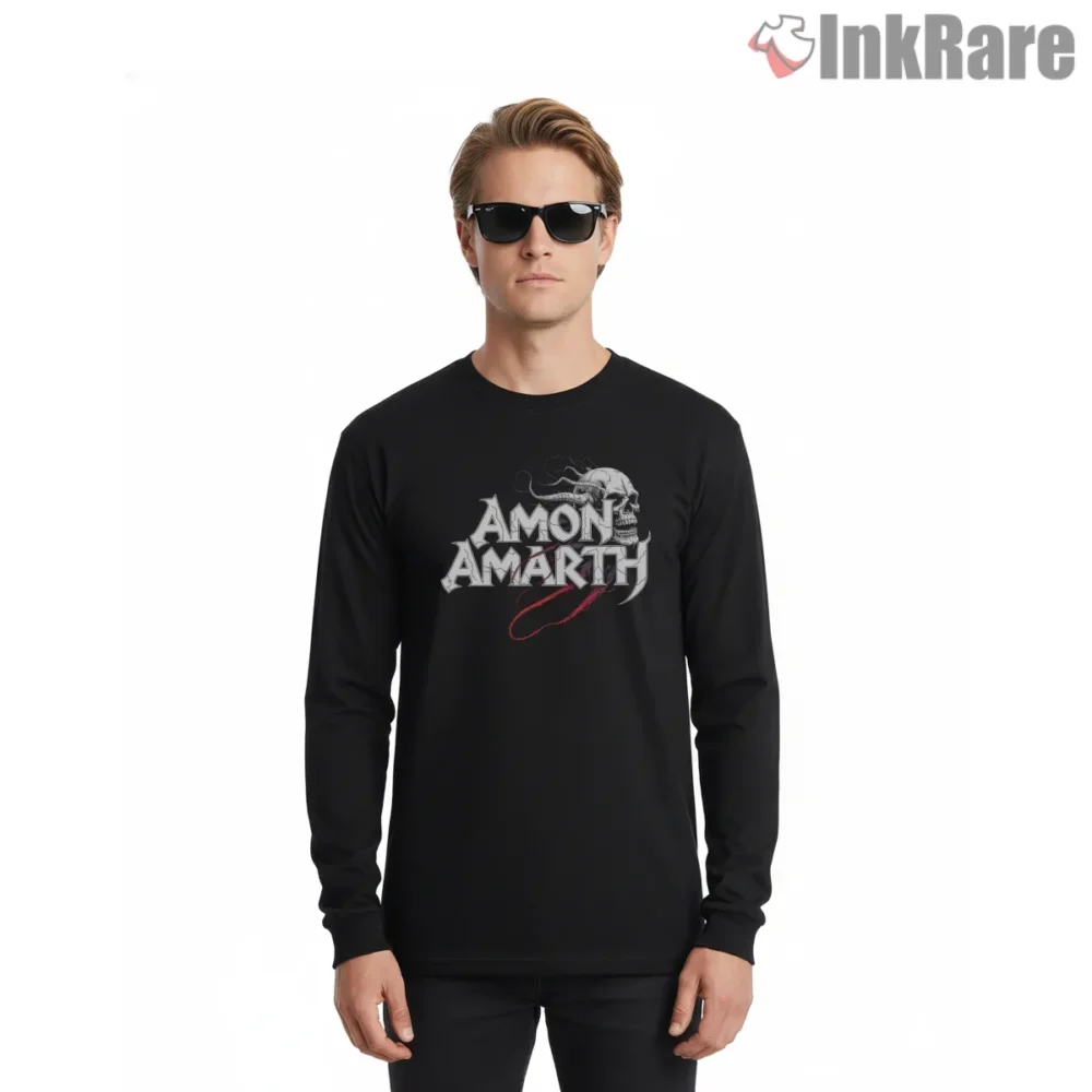 Amon Amarth Skull On Logo Blood Smoke Shirt on black long sleeve shirt for men graphic tee