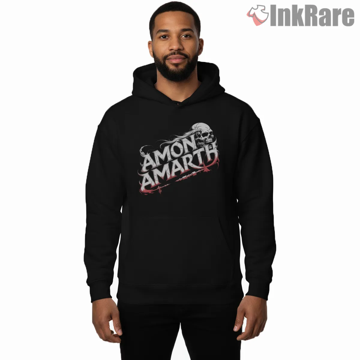 Amon Amarth Skull Script Logo Shirt on black hoodie for men graphic tee