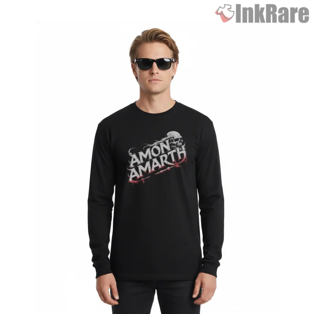 Amon Amarth Skull Script Logo Shirt on black long sleeve shirt for men graphic tee