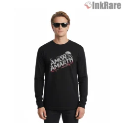 Amon Amarth Skull Script Logo Shirt on black long sleeve shirt for men graphic tee