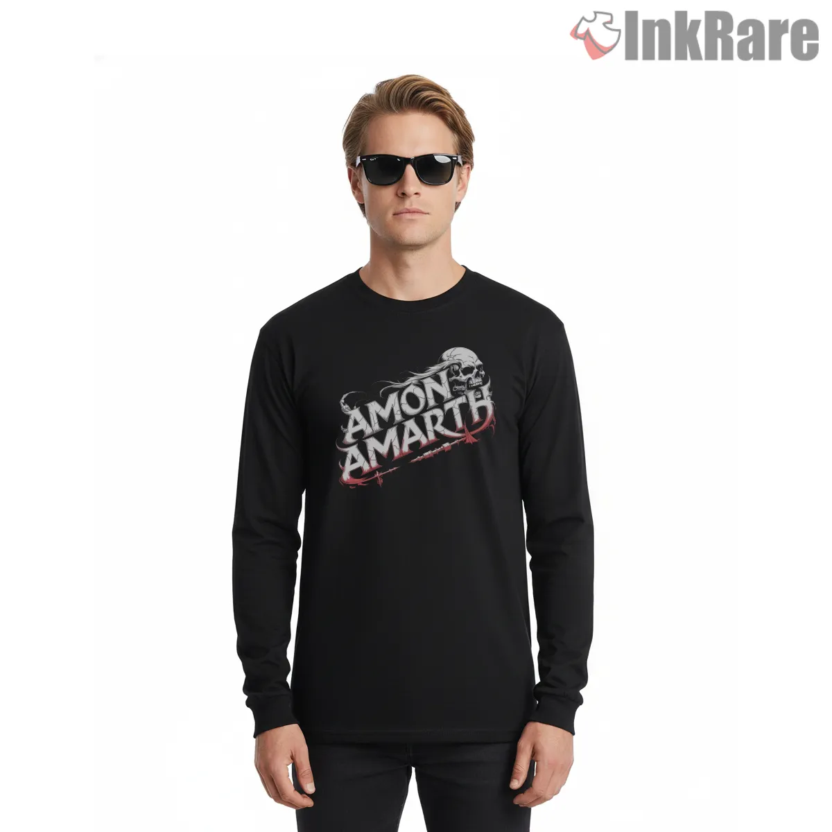 Amon Amarth Skull Script Logo Long Sleeve Black Amon Amarth Skull Script Logo Shirt on black long sleeve shirt for men graphic tee