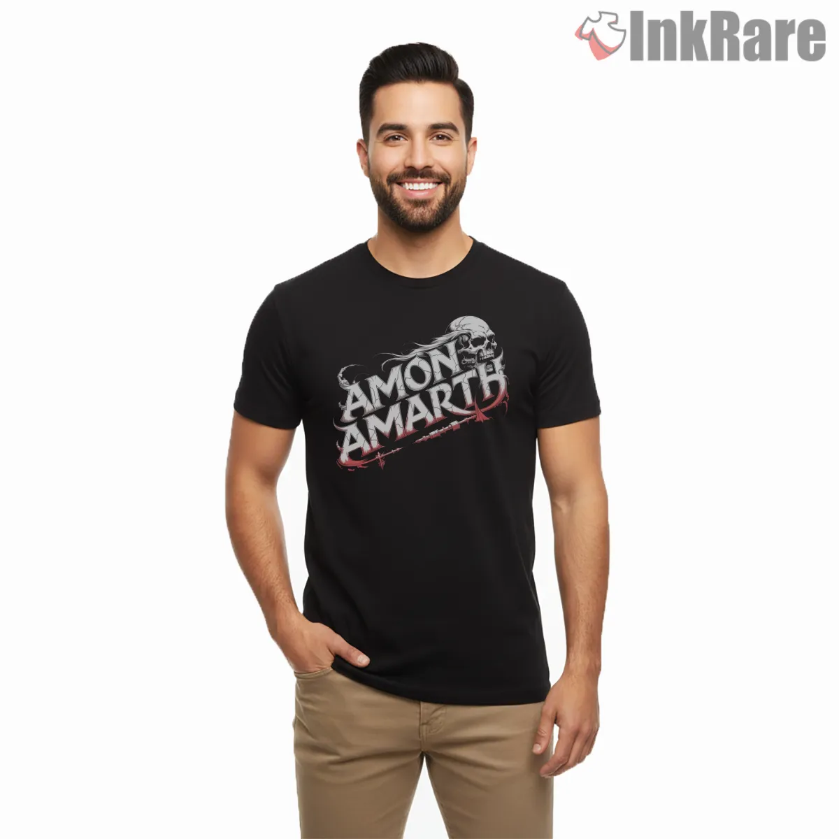Amon Amarth Skull Script Logo Short Sleeve Black Amon Amarth Skull Script Logo Shirt on black short sleeve shirt for men graphic tee