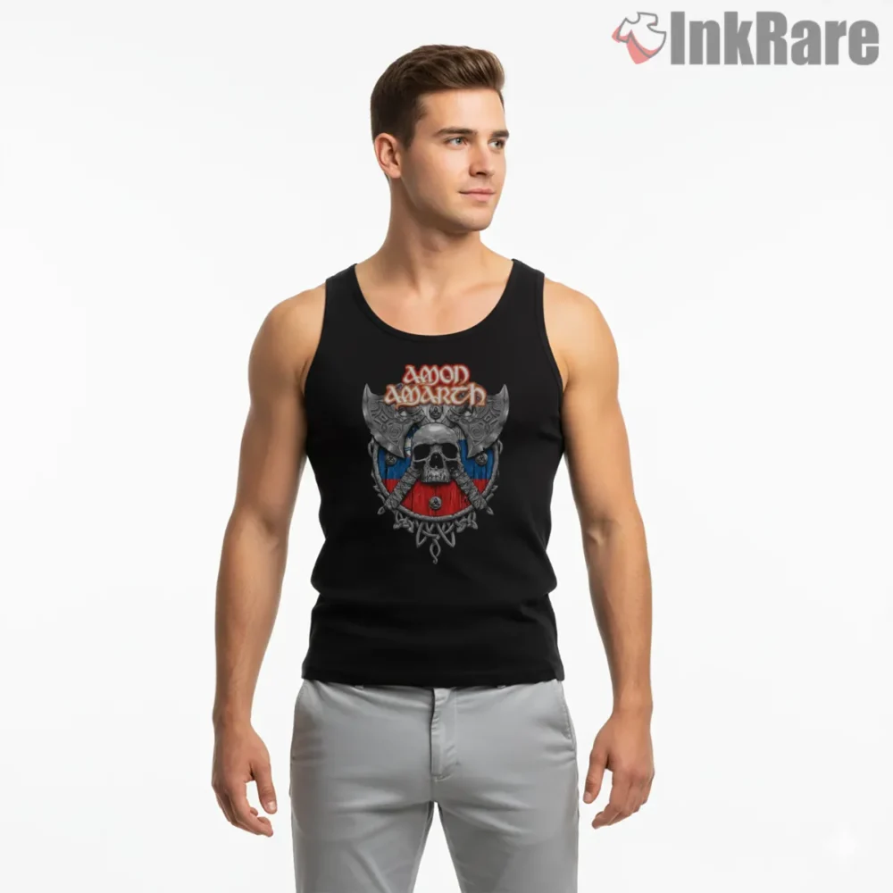 Amon Amarth Skull Shield Twin Axes Shirt on black tank top for men graphic tee