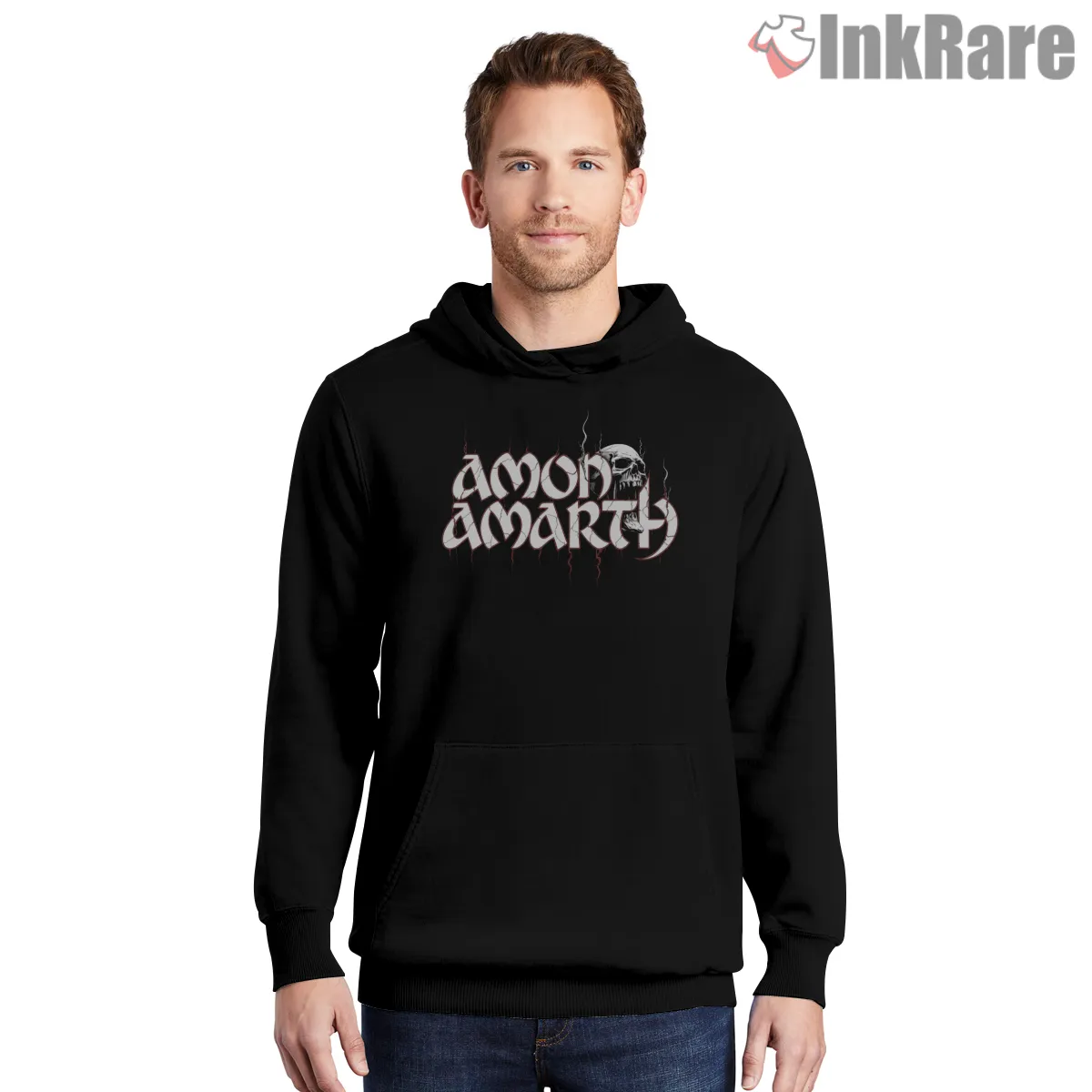 Amon Amarth Skull Smoke Logo Shirt on black hoodie for men graphic tee