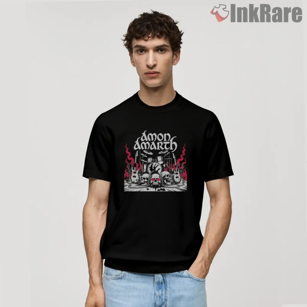 Amon Amarth Skulls Drums And Guitars Inferno Shirt on black short sleeve shirt for men graphic tee