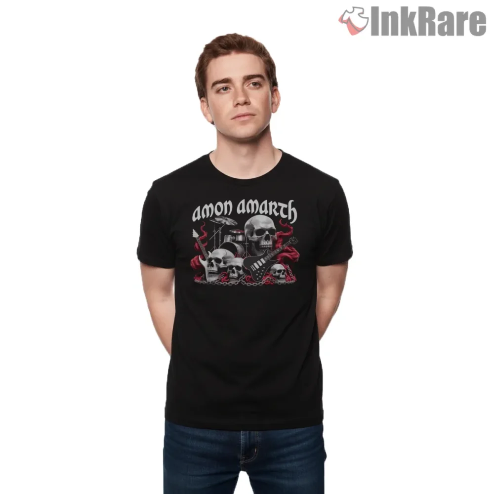 Amon Amarth Skulls Guitars And Chains Inferno Shirt on black short sleeve shirt for men graphic tee