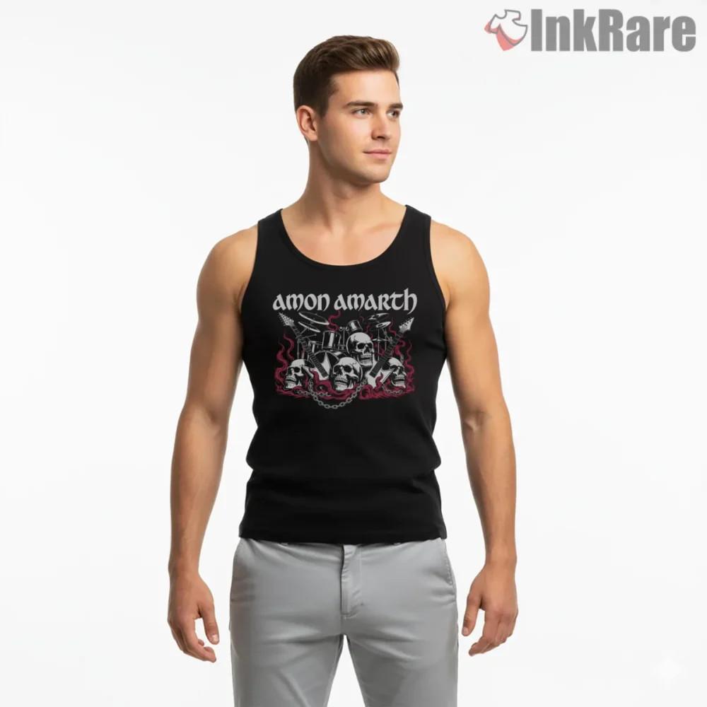Amon Amarth Skulls Guitars Drumstorm Shirt on black tank top for men graphic tee