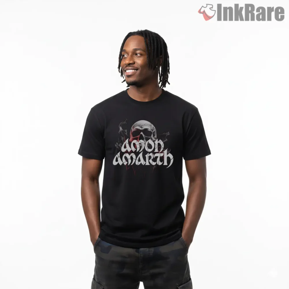 Amon Amarth Smoky Skull Monogram Shirt on black short sleeve shirt for men graphic tee