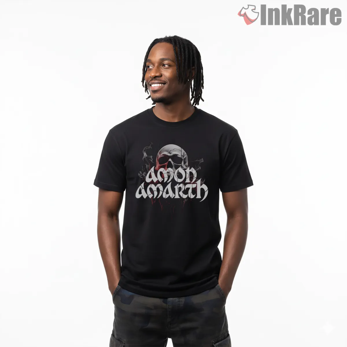 Amon Amarth Smoky Skull Monogram Short Sleeve Black Amon Amarth Smoky Skull Monogram Shirt on black short sleeve shirt for men graphic tee