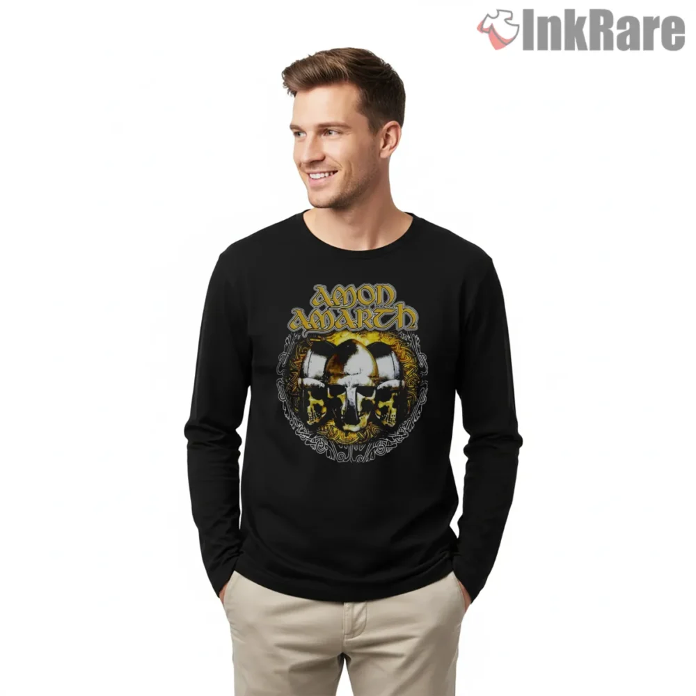 Amon Amarth Triple Helm Golden Skulls Shirt on black long sleeve shirt for men graphic tee