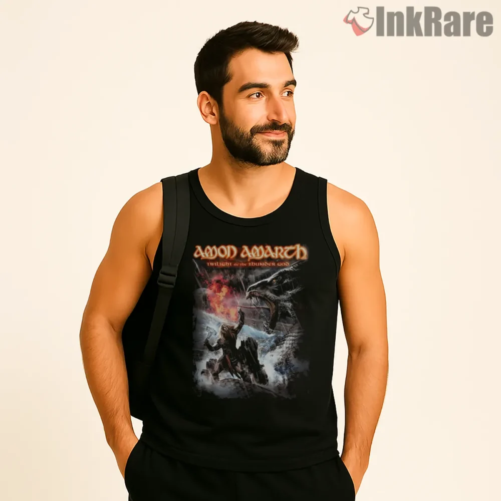 Amon Amarth Twilight Thunder Battle Scene Shirt on black tank top for men graphic tee