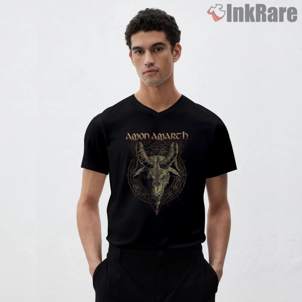Amon Amarth Viking Horned Skull Sigil Shirt on black v-neck shirt for men graphic tee