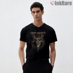Amon Amarth Viking Horned Skull Sigil Shirt on black v-neck shirt for men graphic tee